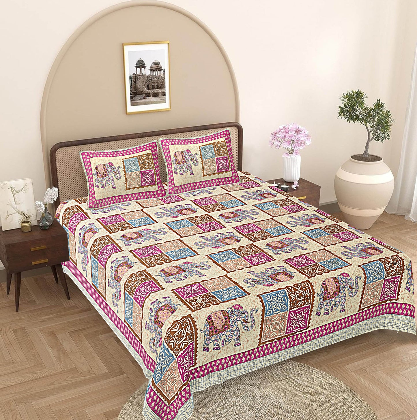 Pink Ethnic Motifs 240 TC Cotton 1 King Bedsheet with 2 Pillow Covers ADB1479