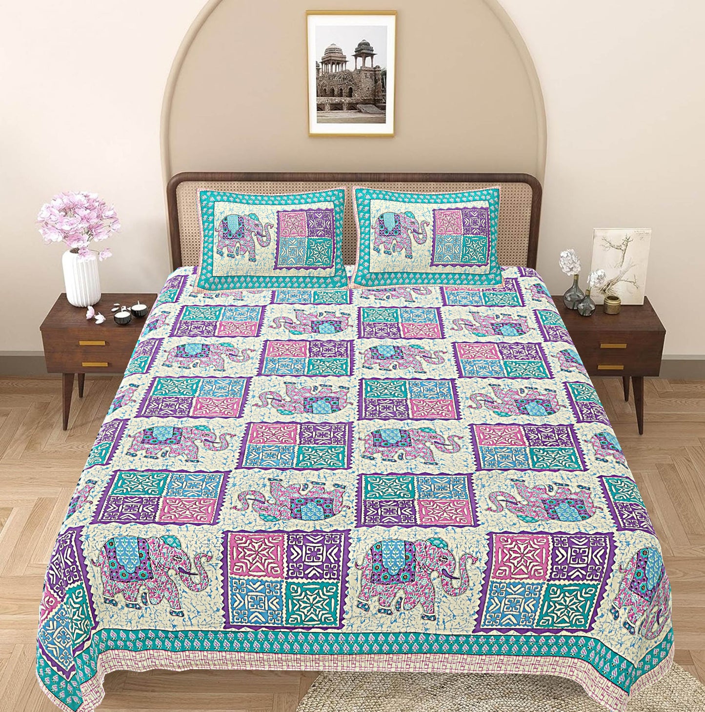 Turquoise Blue Ethnic Motifs 240 TC Cotton 1 King Bedsheet with 2 Pillow Covers ADB1480