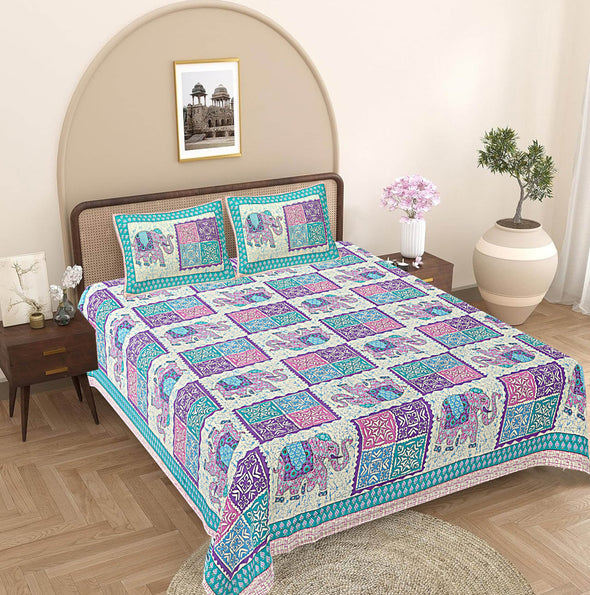 Turquoise Blue Ethnic Motifs 240 TC Cotton 1 King Bedsheet with 2 Pillow Covers ADB1480