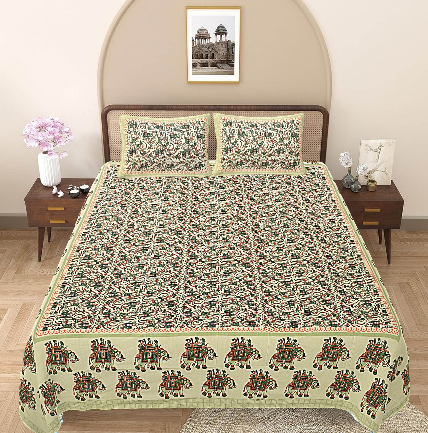 Green Ethnic Motifs 240 TC Cotton 1 King Bedsheet with 2 Pillow Covers ADB1481