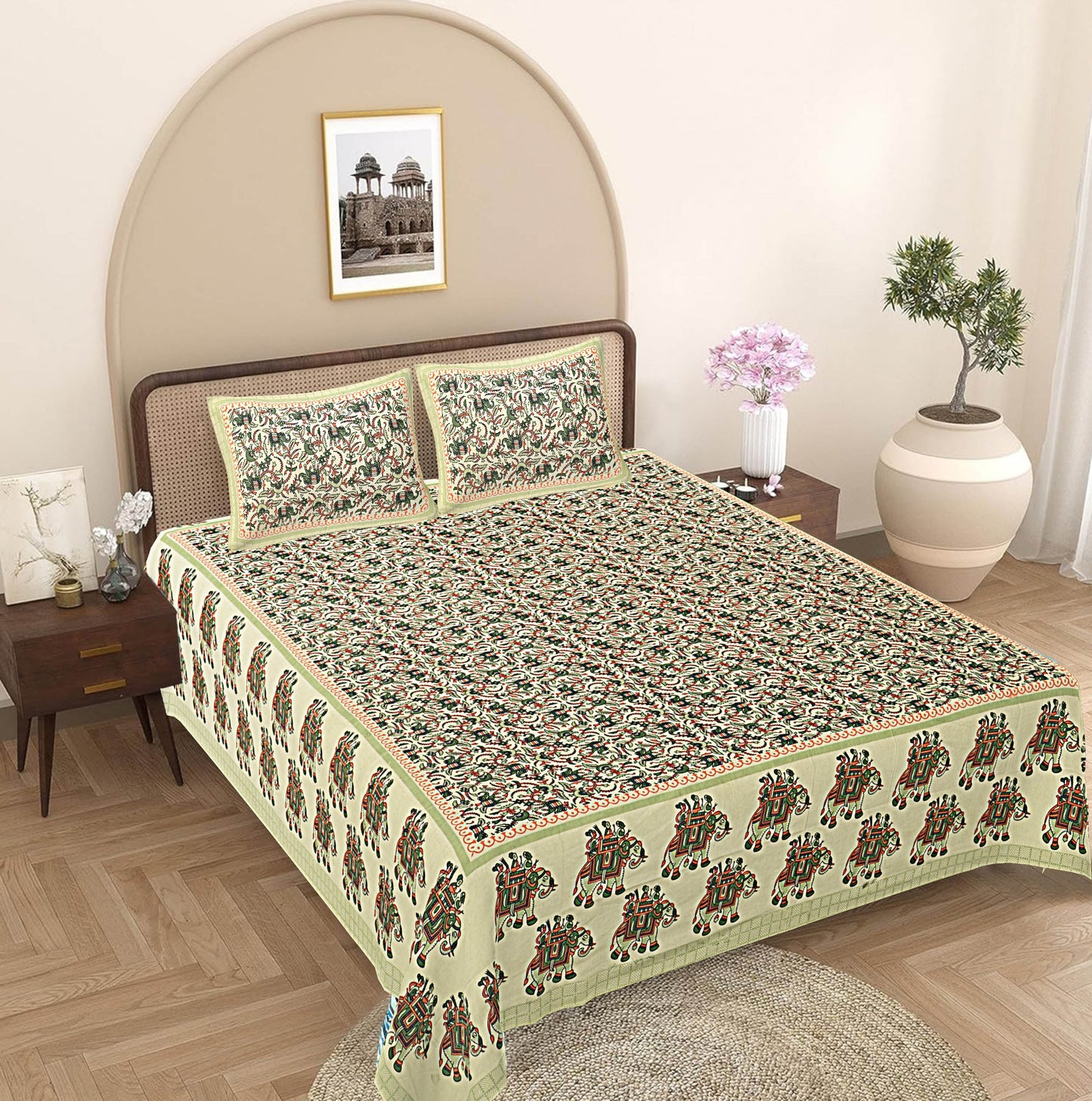 Green Ethnic Motifs 240 TC Cotton 1 King Bedsheet with 2 Pillow Covers ADB1481