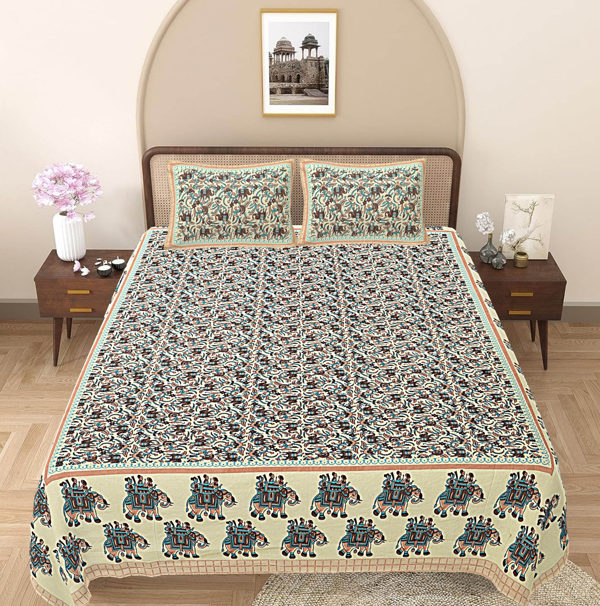 Turquoise Blue Ethnic Motifs 240 TC Cotton 1 King Bedsheet with 2 Pillow Covers ADB1482