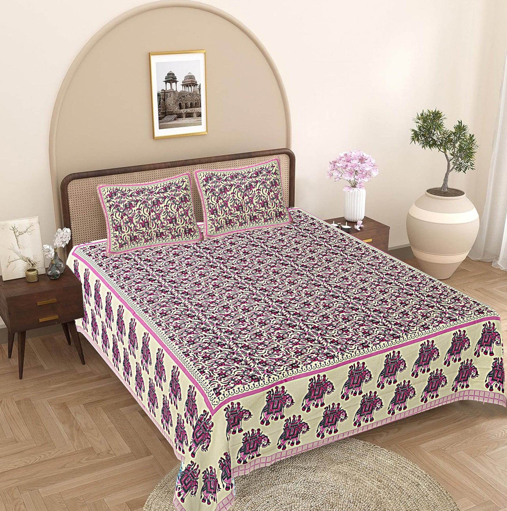 Pink Ethnic Motifs 240 TC Cotton 1 King Bedsheet with 2 Pillow Covers ADB1483