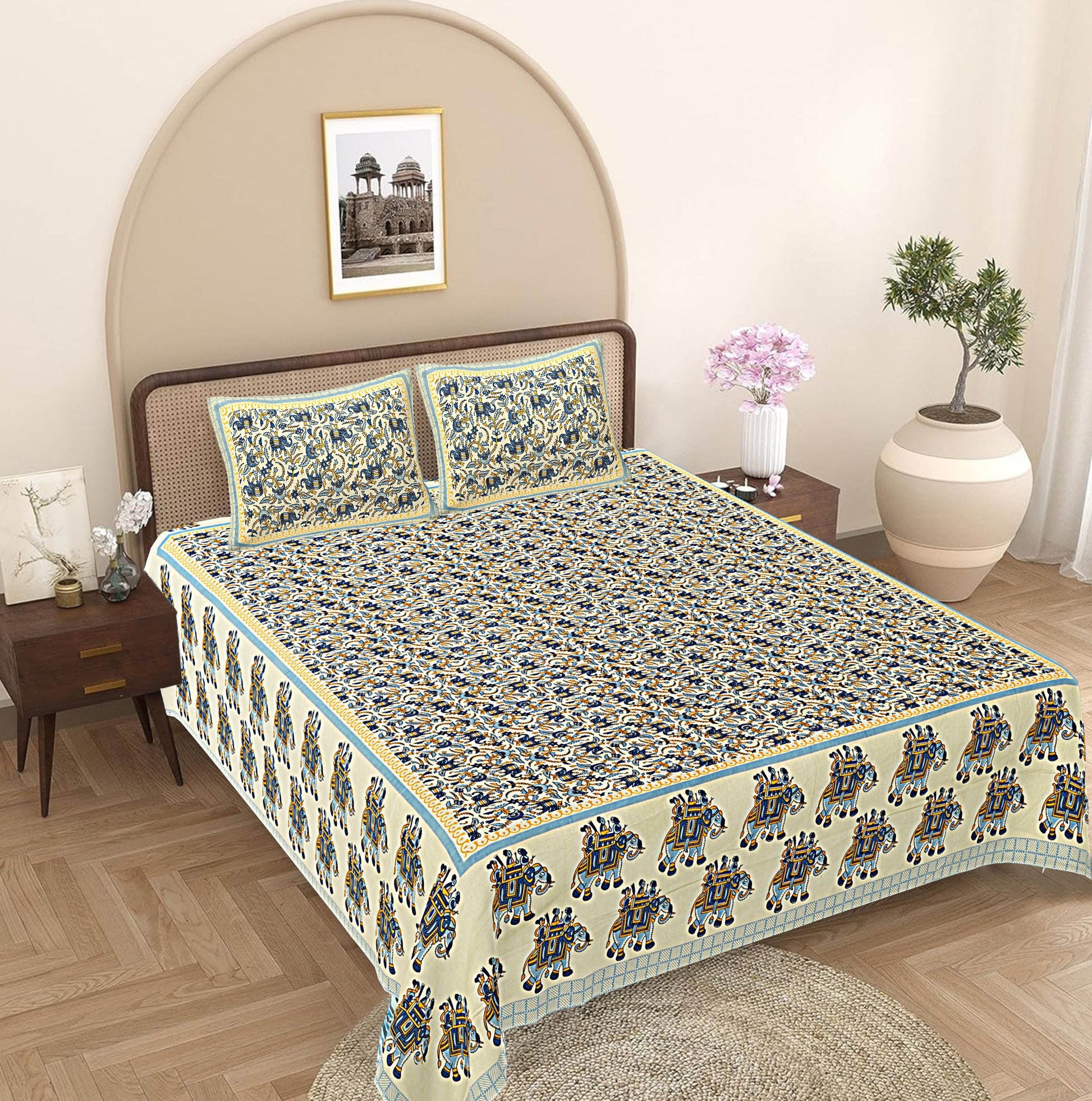 Blue Ethnic Motifs 240 TC Cotton 1 King Bedsheet with 2 Pillow Covers ADB1484