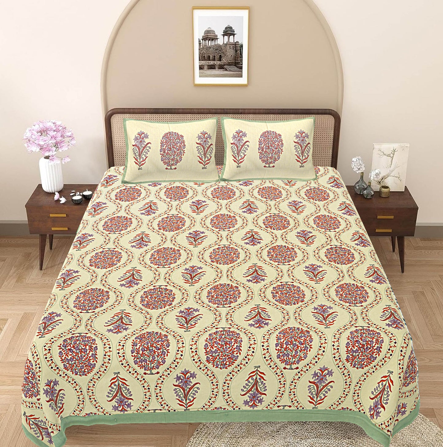 Green & Red Floral 240 TC Cotton 1 King Bedsheet with 2 Pillow Covers ADB1485