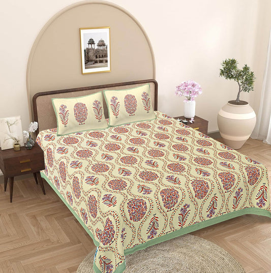 Green & Red Floral 240 TC Cotton 1 King Bedsheet with 2 Pillow Covers ADB1485