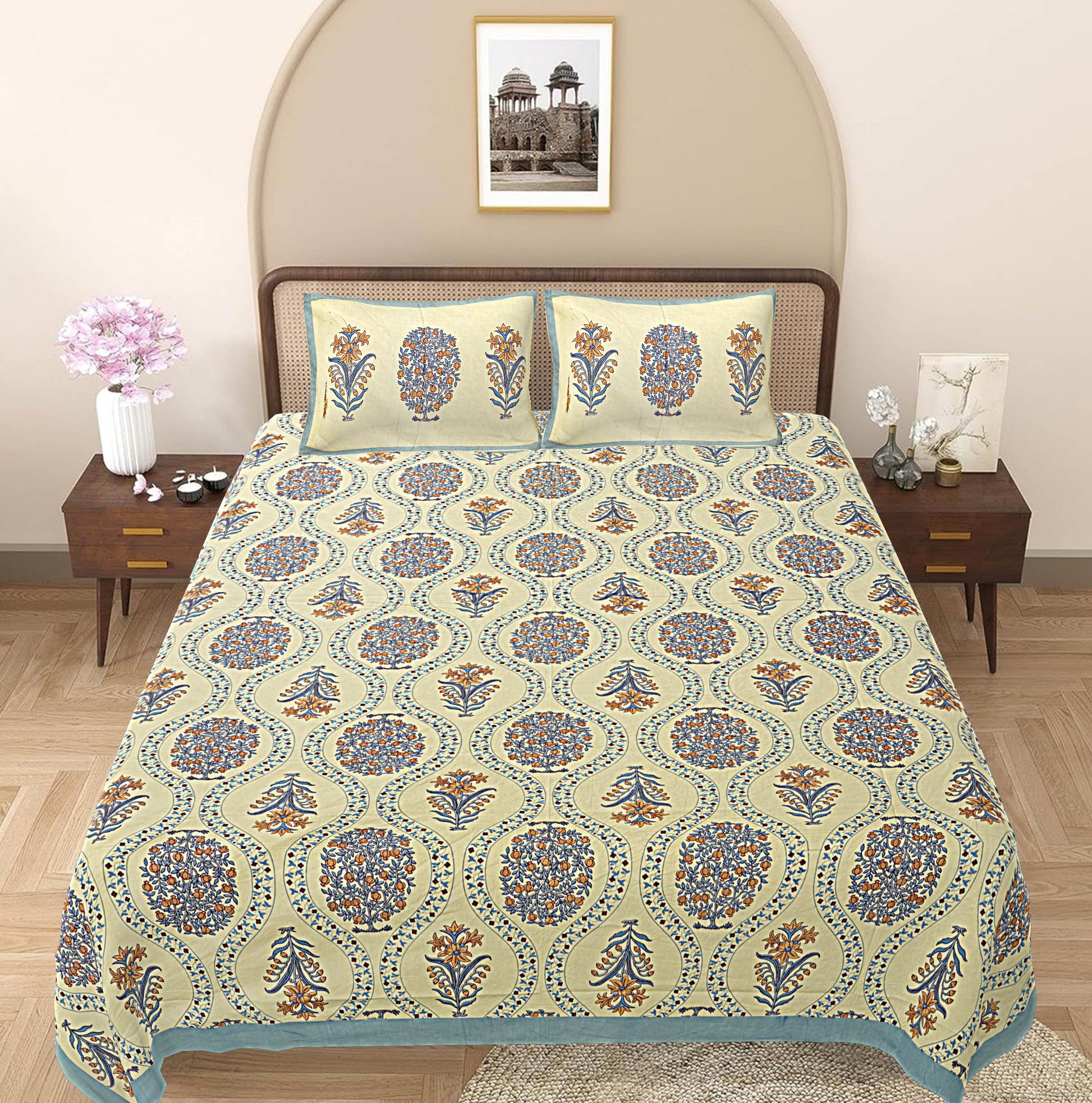 Turquoise Blue Floral 240 TC Cotton 1 King Bedsheet with 2 Pillow Covers ADB1488