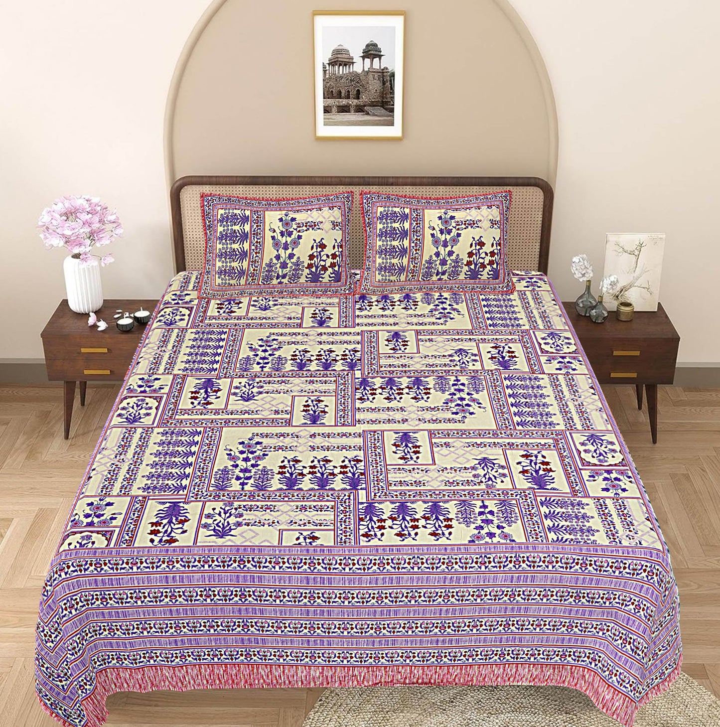 Purple Floral 240 TC Cotton 1 King Bedsheet with 2 Pillow Covers ADB1489