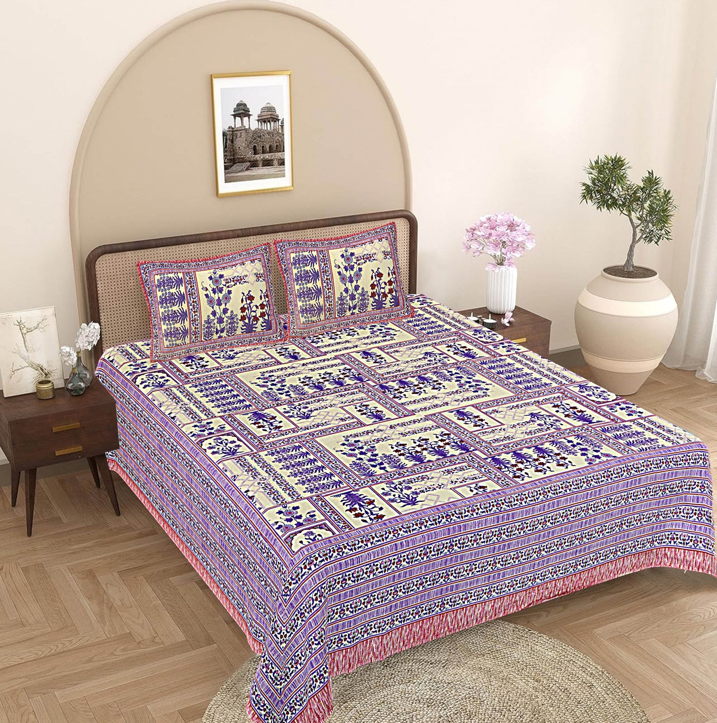 Purple Floral 240 TC Cotton 1 King Bedsheet with 2 Pillow Covers ADB1489