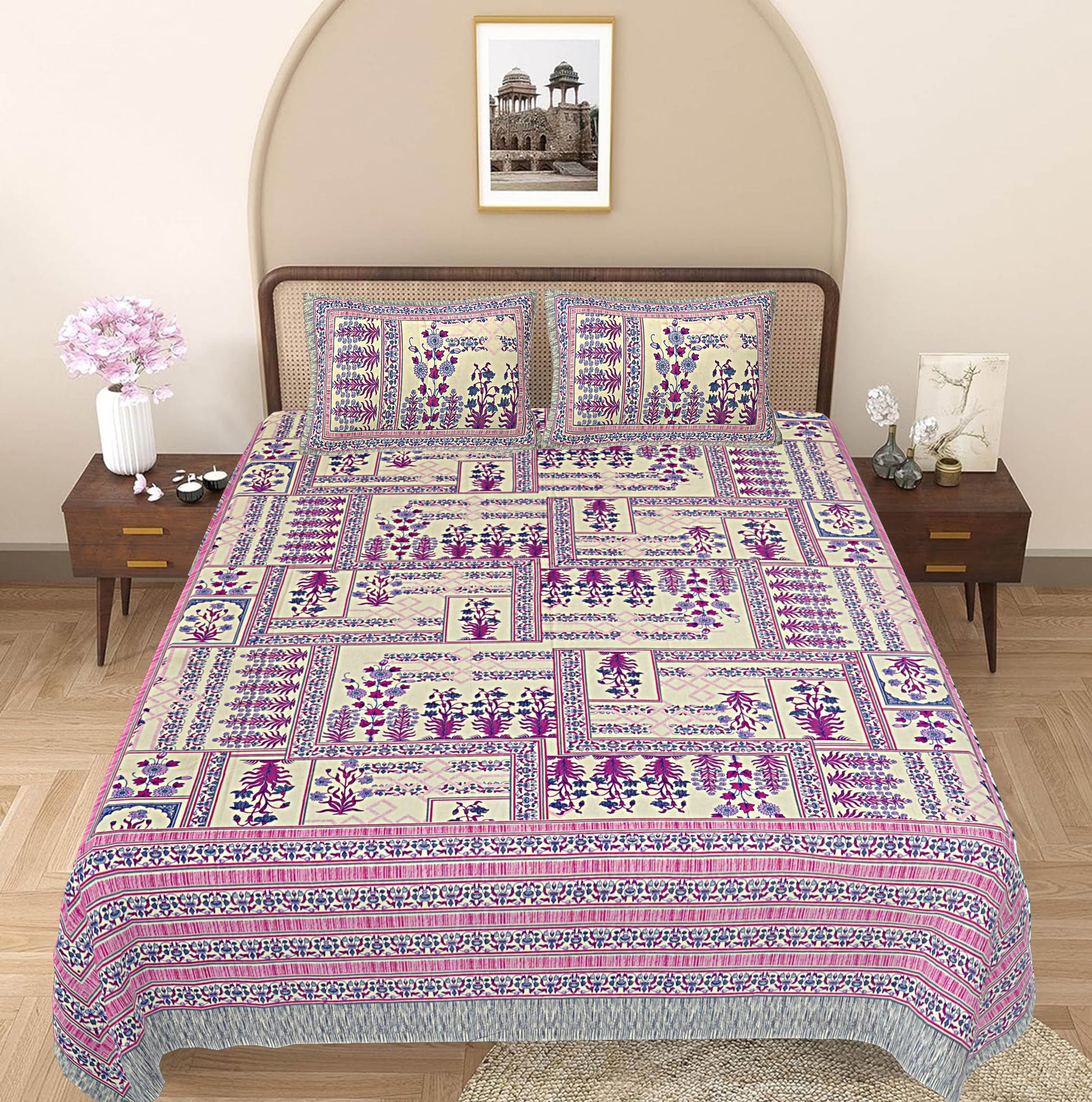 Purple Floral 240 TC Cotton 1 King Bedsheet with 2 Pillow Covers ADB1490