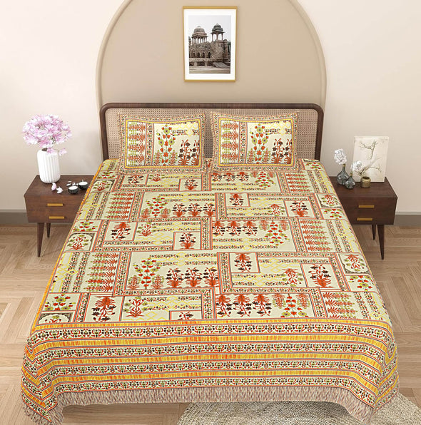 Yellow Floral 240 TC Cotton 1 King Bedsheet with 2 Pillow Covers ADB1491