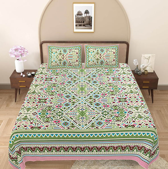 Green Floral 240 TC Cotton 1 King Bedsheet with 2 Pillow Covers ADB1495