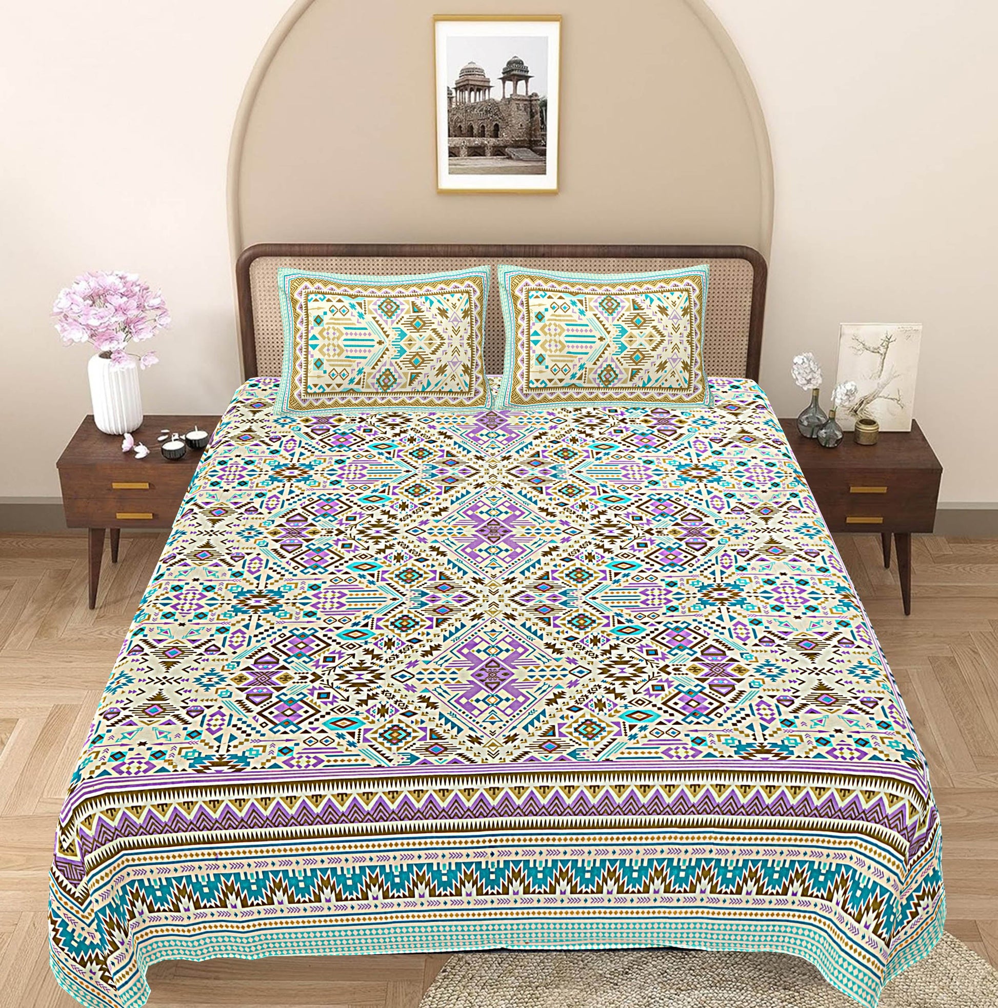 Turquoise Blue Floral 240 TC Cotton 1 King Bedsheet with 2 Pillow Covers ADB1496