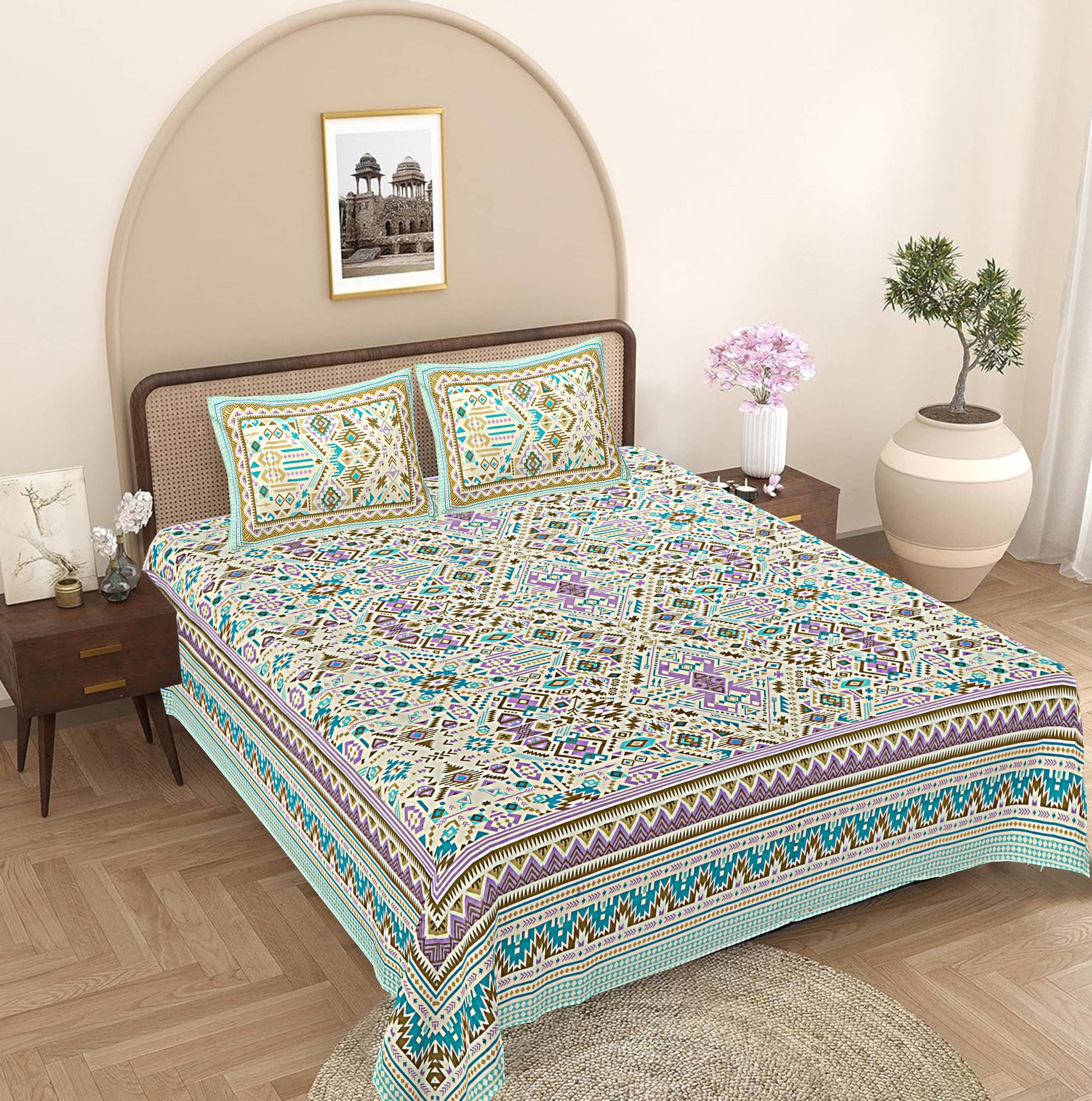 Turquoise Blue Floral 240 TC Cotton 1 King Bedsheet with 2 Pillow Covers ADB1496