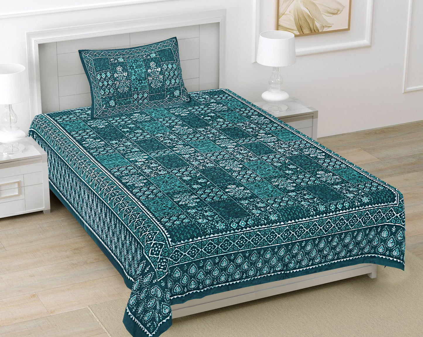 Sea Green Ethnic Motifs 180 TC Cotton Single Bedsheet with 1 Pillow Cover - BSB1089