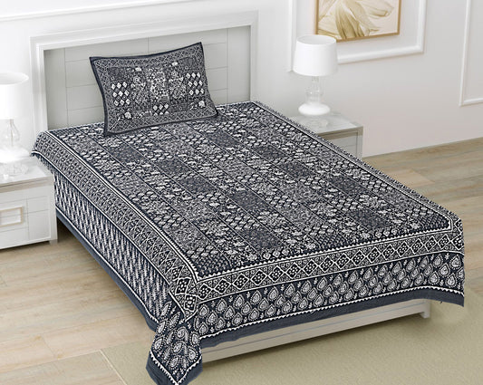 Grey Ethnic Motifs 180 TC Cotton Single Bedsheet with 1 Pillow Cover - BSB1090