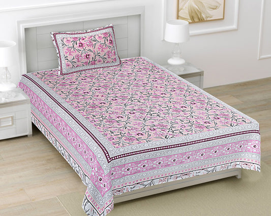 Pink Floral 180 TC Cotton Single Bedsheet with 1 Pillow Cover - BSB1094