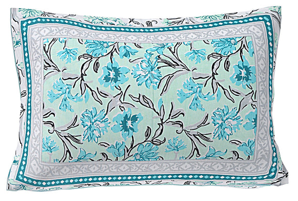 Turquoise Blue Floral 180 TC Cotton Single Bedsheet with 1 Pillow Cover - BSB1096