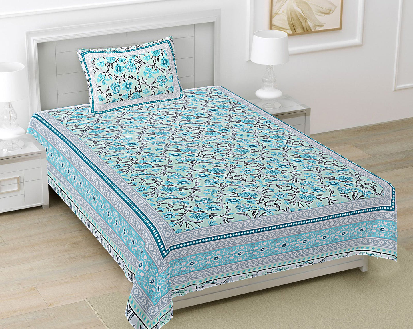 Turquoise Blue Floral 180 TC Cotton Single Bedsheet with 1 Pillow Cover - BSB1096