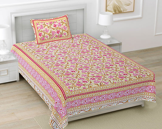 Pink Floral 180 TC Cotton Single Bedsheet with 1 Pillow Cover - BSB1097