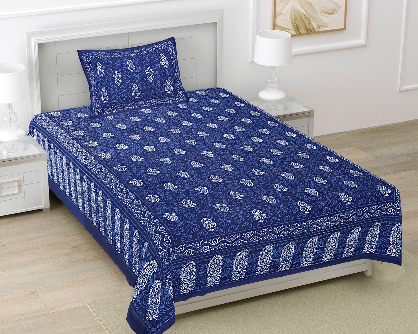 Blue Ethnic Motifs 180 TC Cotton Single Bedsheet with 1 Pillow Cover - BSB1098