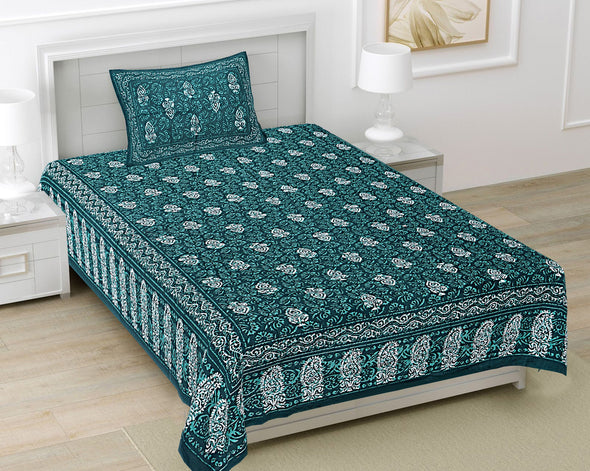 Sea Green Ethnic Motifs 180 TC Cotton Single Bedsheet with 1 Pillow Cover - BSB1099