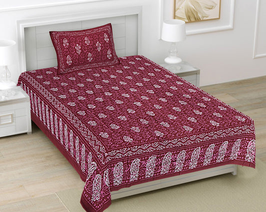 Burgundy Ethnic Motifs 180 TC Cotton Single Bedsheet with 1 Pillow Cover - BSB1100