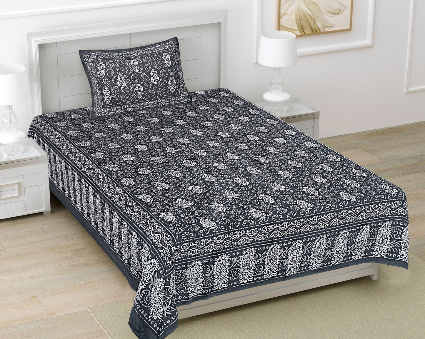 Grey Ethnic Motifs 180 TC Cotton Single Bedsheet with 1 Pillow Cover - BSB1101