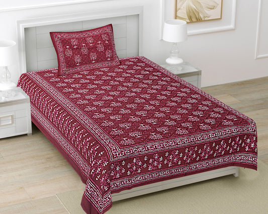 Burgundy Ethnic Motifs 180 TC Cotton Single Bedsheet with 1 Pillow Cover - BSB1102