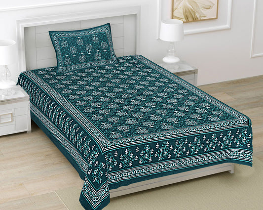 Sea Green Ethnic Motifs 180 TC Cotton Single Bedsheet with 1 Pillow Cover - BSB1107