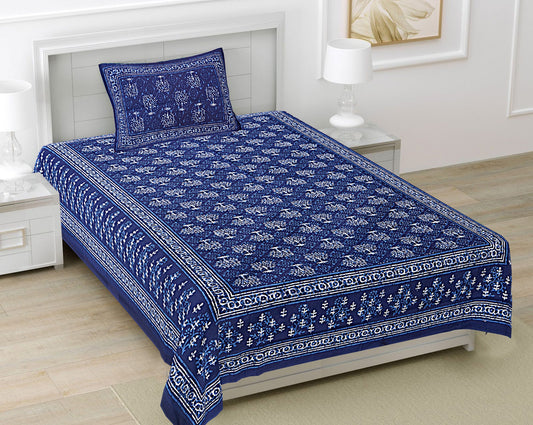 Blue Ethnic Motifs 180 TC Cotton Single Bedsheet with 1 Pillow Cover - BSB1108