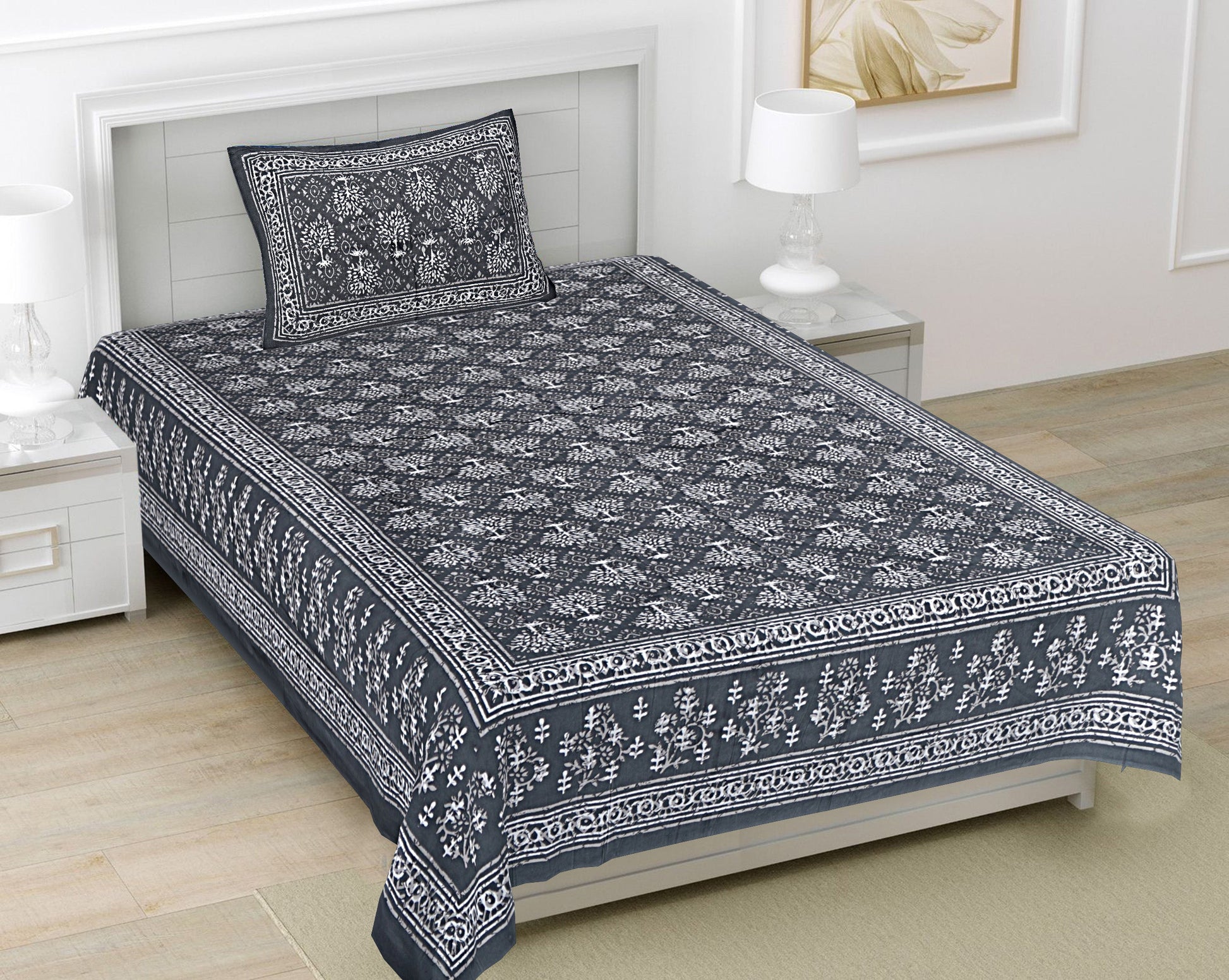 Grey Ethnic Motifs 180 TC Cotton Single Bedsheet with 1 Pillow Cover - BSB1114