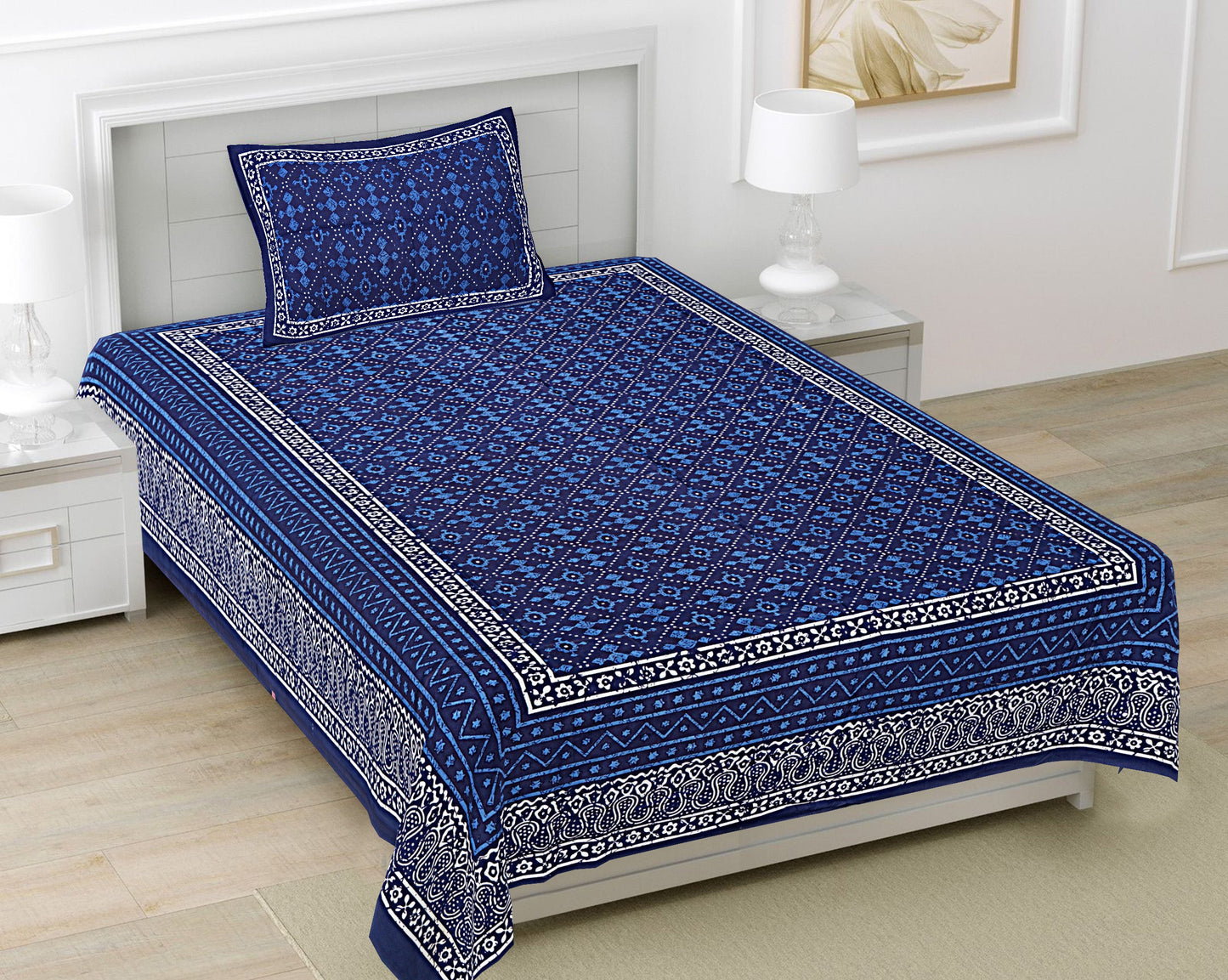 Blue Ethnic Motifs 180 TC Cotton Single Bedsheet with 1 Pillow Cover - BSB1115