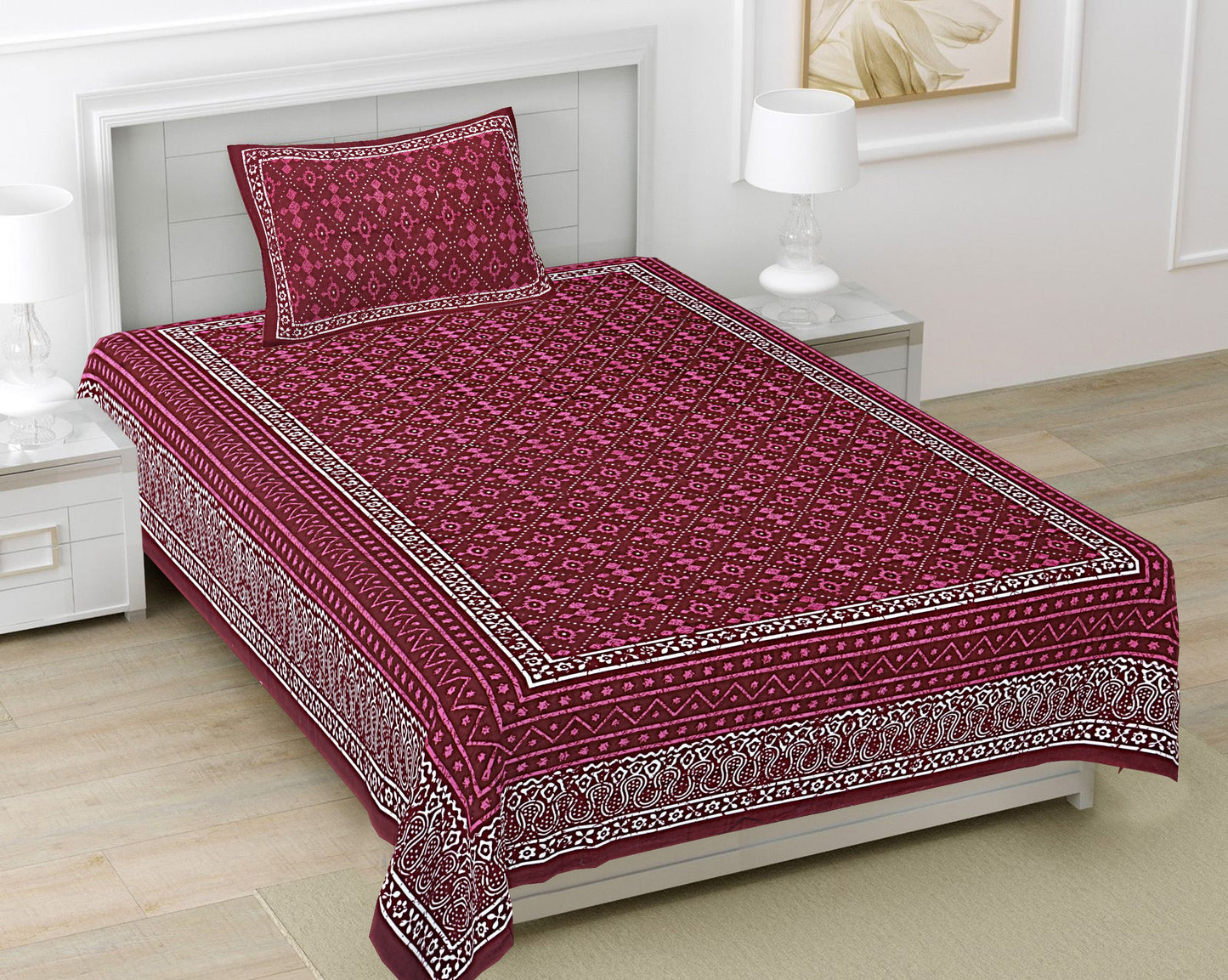 Burgundy Ethnic Motifs 180 TC Cotton Single Bedsheet with 1 Pillow Cover - BSB1116