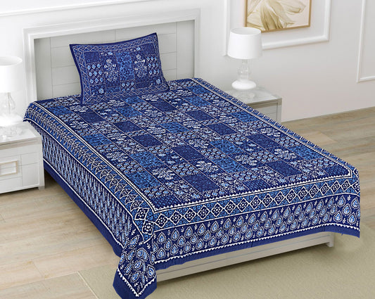 Blue Ethnic Motifs 180 TC Cotton Single Bedsheet with 1 Pillow Cover - BSB1118