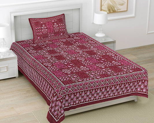 Burgundy Ethnic Motifs 180 TC Cotton Single Bedsheet with 1 Pillow Cover - BSB1119