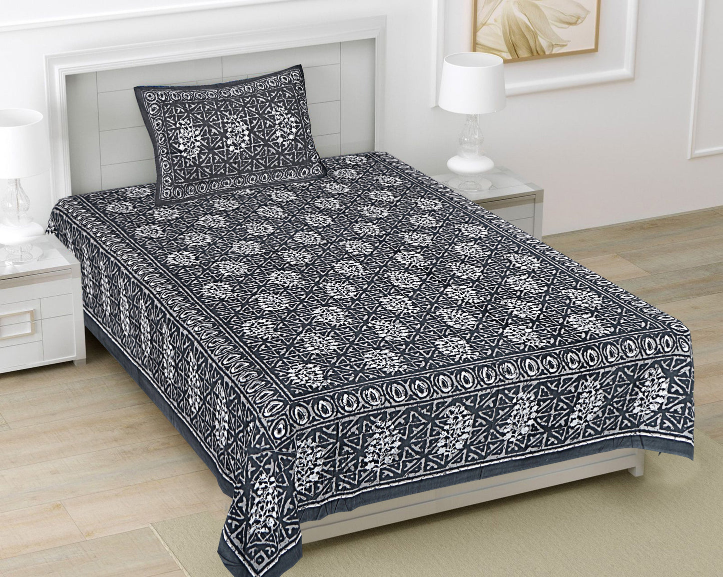 Grey Ethnic Motifs 180 TC Cotton Single Bedsheet with 1 Pillow Cover - BSB1120