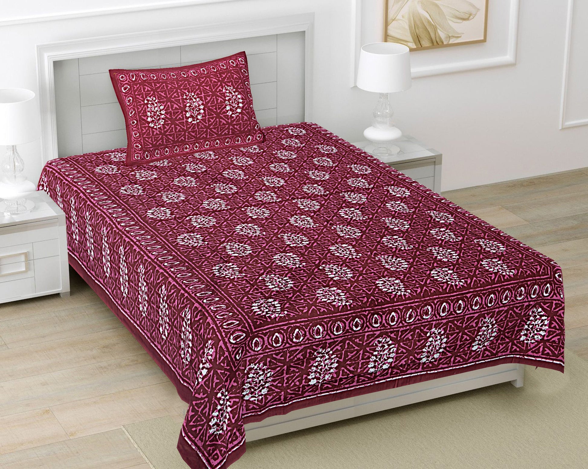 Burgundy Ethnic Motifs 180 TC Cotton Single Bedsheet with 1 Pillow Cover - BSB1121