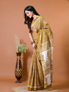 Medallion Yellow Ethnic Motifs Bagru Printed Pure Cotton Saree - SHKM1011