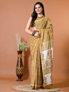 Medallion Yellow Ethnic Motifs Bagru Printed Pure Cotton Saree - SHKM1011