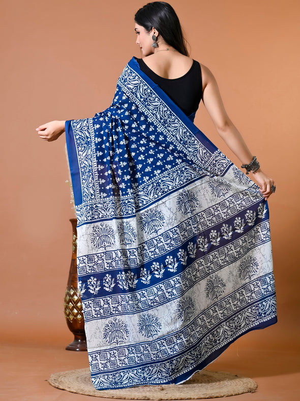 Admiral Blue Block Bagru Printed Pure Cotton Saree - SHKM1012