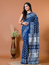 Admiral Blue Block Bagru Printed Pure Cotton Saree - SHKM1012