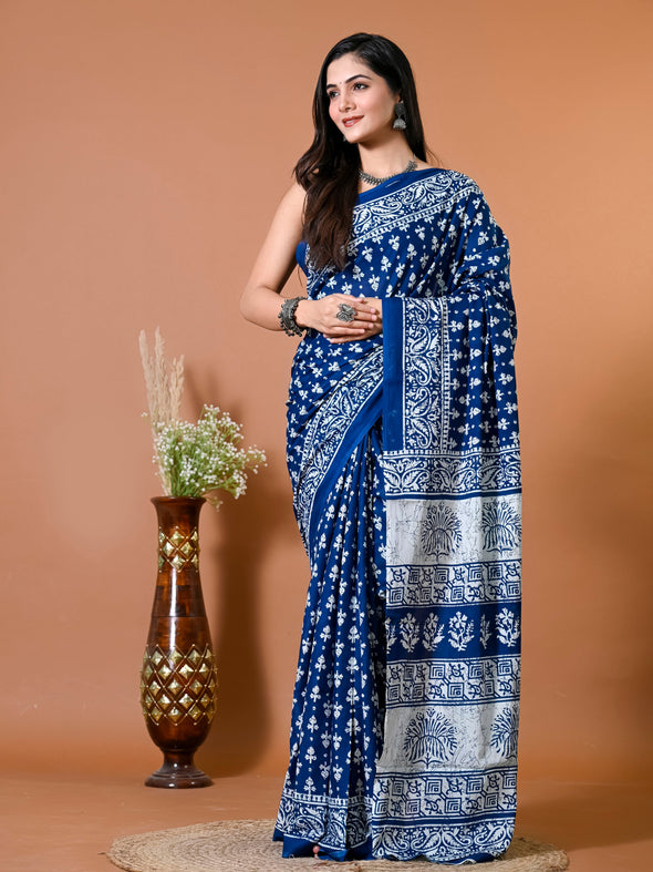 Admiral Blue Block Bagru Printed Pure Cotton Saree - SHKM1012