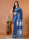 Admiral Blue Block Bagru Printed Pure Cotton Saree - SHKM1012