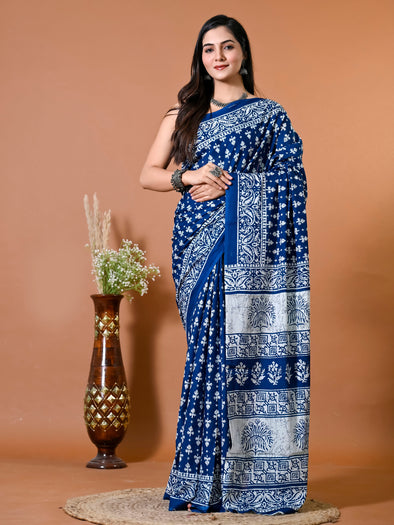 Admiral Blue Block Bagru Printed Pure Cotton Saree - SHKM1012