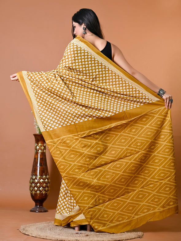 Goldenrod Yellow Block Bagru Printed Pure Cotton Saree - SHKM1013