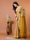 Goldenrod Yellow Block Bagru Printed Pure Cotton Saree - SHKM1013