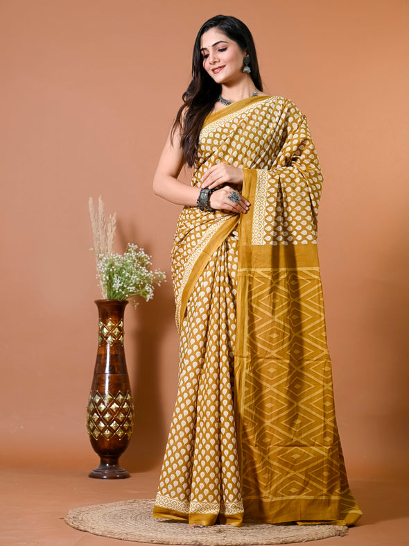 Goldenrod Yellow Block Bagru Printed Pure Cotton Saree - SHKM1013