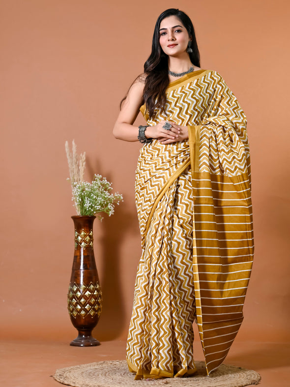 Mustard Yellow Chevron/Zig Zag Bagru Printed Pure Cotton Saree - SHKM1014