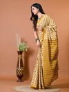 Mustard Yellow Chevron/Zig Zag Bagru Printed Pure Cotton Saree - SHKM1014